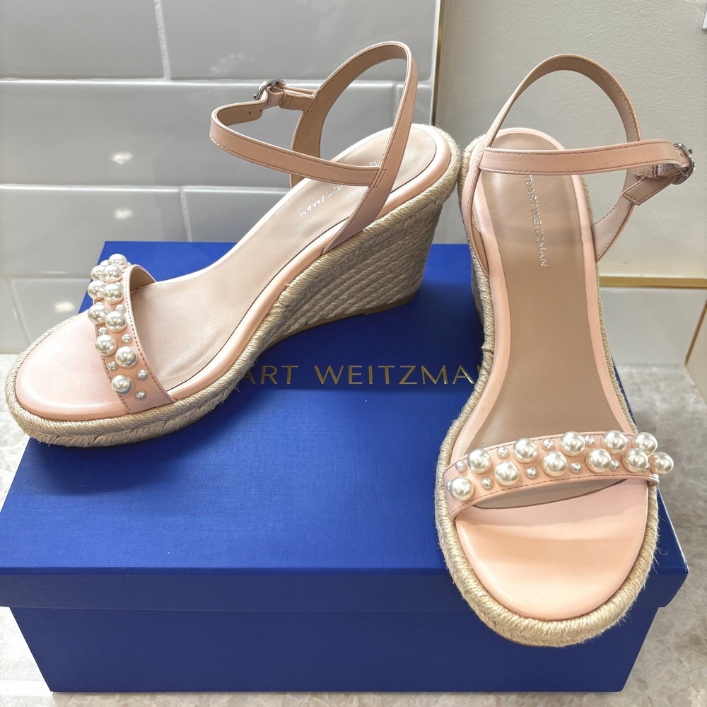 Stuart Weitzman Goldie Espadrille Wedge Sandals 9B Rosewater Pink, Pearl NWT Box - Picture 2 of 7